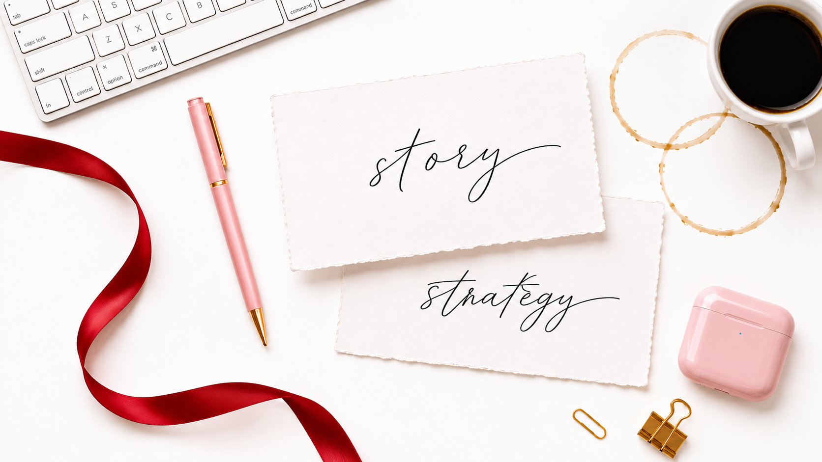 Flatlay of a white keyboard, coffee cup, pink pen, red satin ribbon, pink AirPods case, gold clips, and handmade cards reading 'story' and 'strategy'